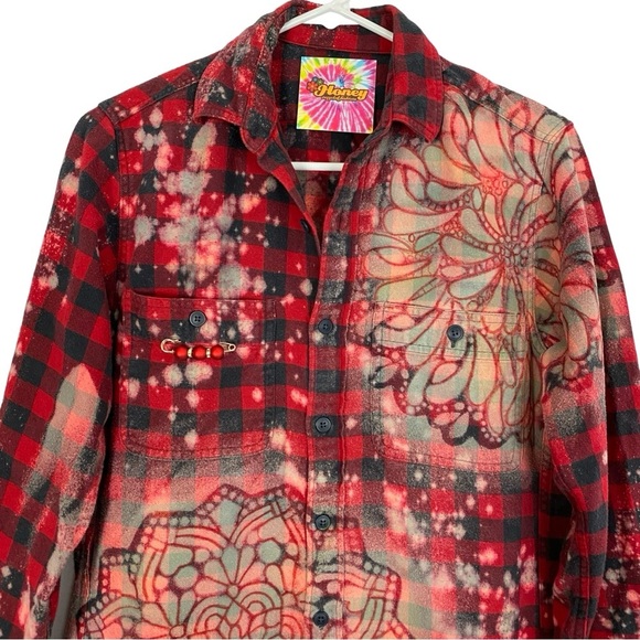 Handmade Floral Flannel Shirt Womens XS Bleached Plaid Button Down Red Upcycled - Picture 3 of 8